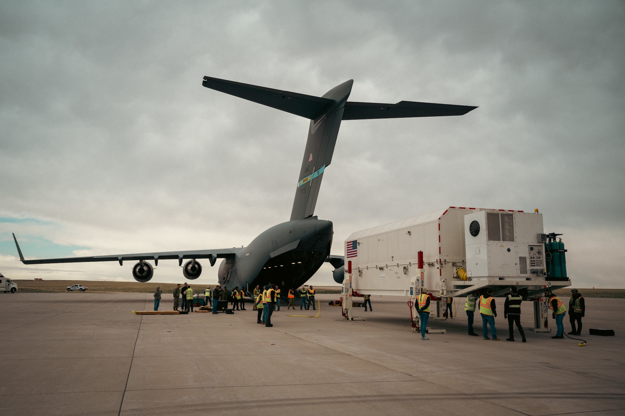 The Lockheed Martin Global Positioning Satellite (GPS) IIIA, Space Vehicle 08 (SV-08), prepares to be loaded to a U.S. Air Force C-17 Globemaster III from Buckley Space Force Base, Colorado, for transportation to Florida, April 1, 2025. The space vehicle was successfully transferred on April 2, 2025, through a coordinated effort between Lockheed Martin, the U.S. Space Force’s Space Operations Command, and USAF’s Air Mobility Command. (U.S. Space Force Photo by Senior Airman Joshua Hollis)