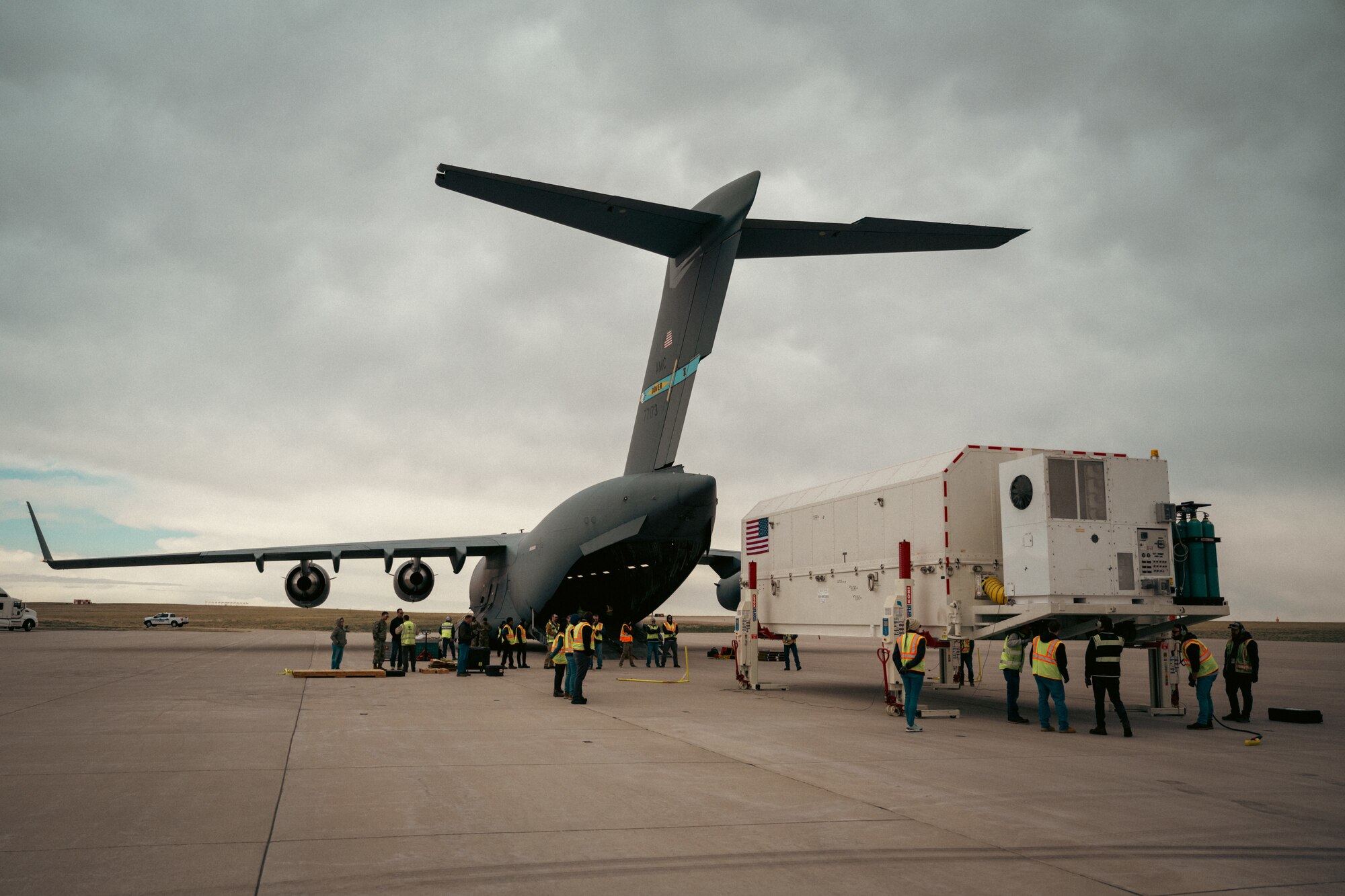 The Lockheed Martin Global Positioning Satellite (GPS) IIIA, Space Vehicle 08 (SV-08), prepares to be loaded to a U.S. Air Force C-17 Globemaster III from Buckley Space Force Base, Colorado, for transportation to Florida, April 1, 2025. The space vehicle was successfully transferred on April 2, 2025, through a coordinated effort between Lockheed Martin, the U.S. Space Force’s Space Operations Command, and USAF’s Air Mobility Command. (U.S. Space Force Photo by Senior Airman Joshua Hollis)