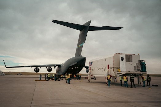  The Lockheed Martin Global Positioning Satellite (GPS) IIIA, Space Vehicle 08 (SV-08), prepares to be loaded to a U.S. Air Force C-17 Globemaster III from Buckley Space Force Base, Colorado, for transportation to Florida, April 1, 2025. The space vehicle was successfully transferred on April 2, 2025, through a coordinated effort between Lockheed Martin, the U.S. Space Force’s Space Operations Command, and USAF’s Air Mobility Command. (U.S. Space Force Photo by Senior Airman Joshua Hollis)