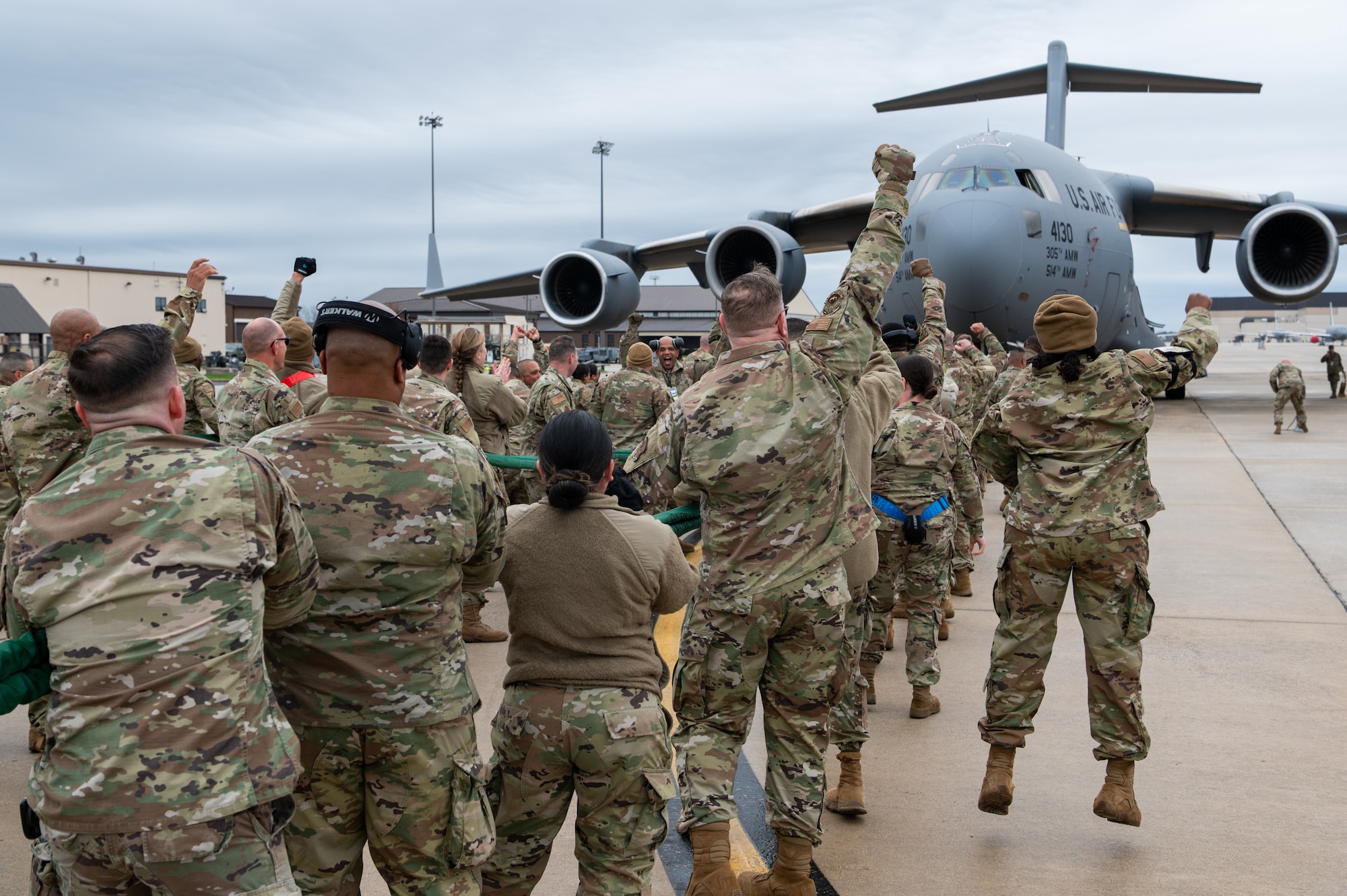 Reserve Citizen Airmen with the 514th Maintenance Group pulled a C-17 Globemaster III at Joint Base McGuire-Dix-Lakehurst, N.J., April 6, 2025.