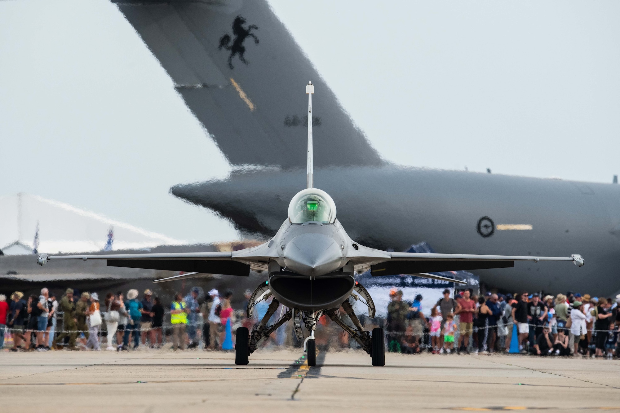 Fighter jet in front of airshow crowd