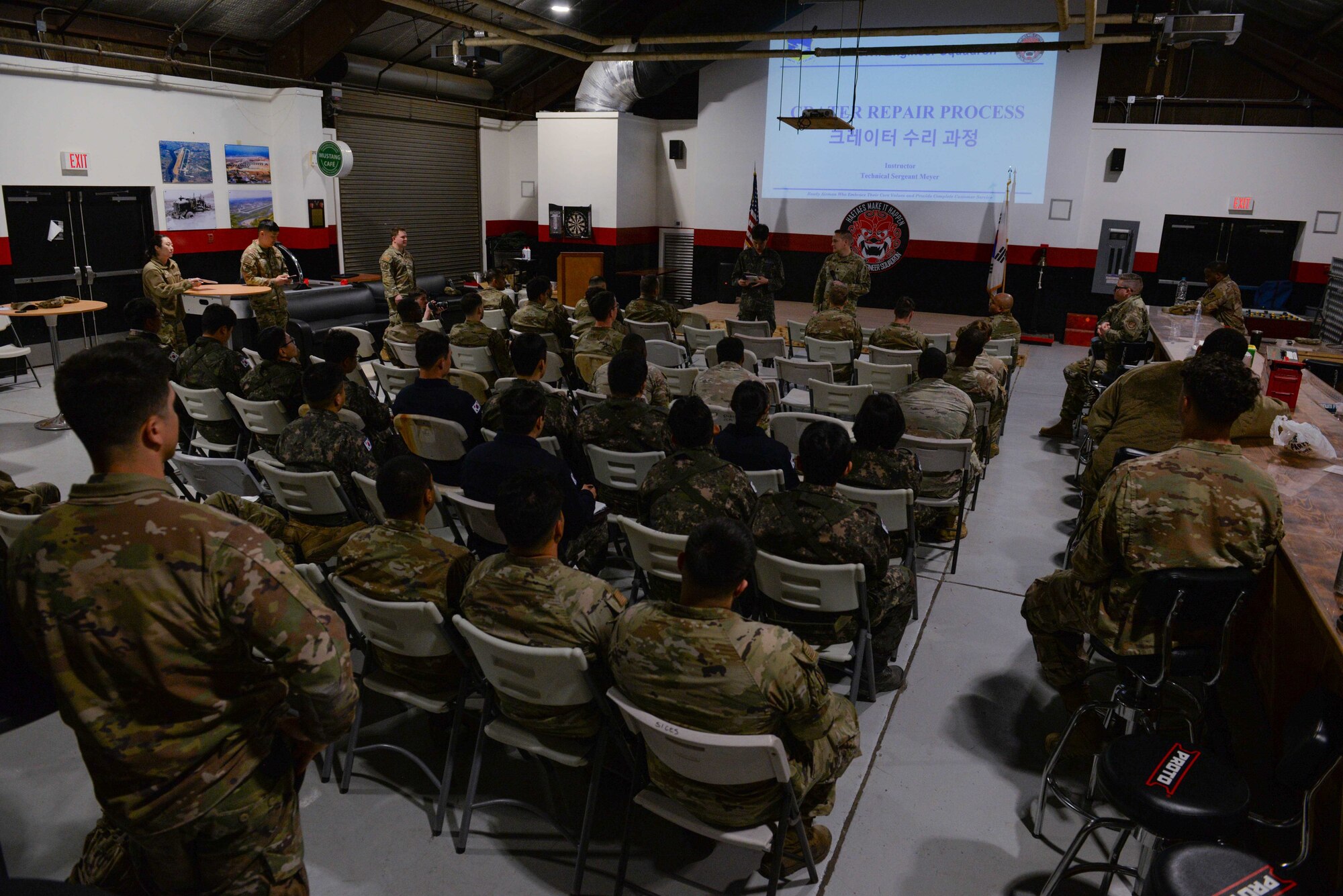 Service members assigned to the U.S. Air Force, U.S. Army, and Republic of Korea Air Force participate in a rapid airfield damage repair familiarization training ahead of the upcoming joint and combined IRON RADR exercise at Osan Air Base, Republic of Korea, April 3, 2025. RADR is a rapid process for repairing structural damage on airfields, quickly restoring combat airpower generation when needed. (U.S. Air Force photo by Staff Sgt. Kahdija Slaughter)