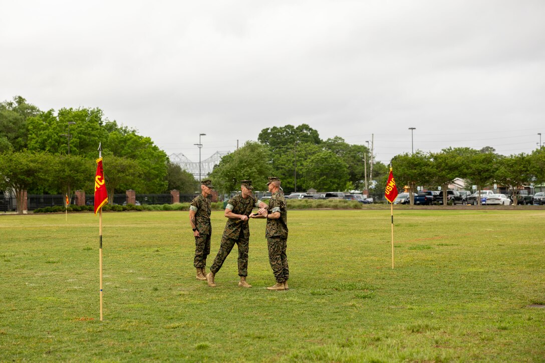 4th Marine Division celebrates the Relief and Appointment of Sgt. Maj. Christopher J. Adams and welcomes Sgt. Maj. Garett G. Kirkby, Marine Corps Support Facility New Orleans, Louisiana, Apr 4, 2025. The Relief and Appointment signifies the passing of authority from the outgoing Sergeant Major to the oncoming Sergeant Major. (U.S. Marine Corps photo by Sgt. Ethan A. Green)