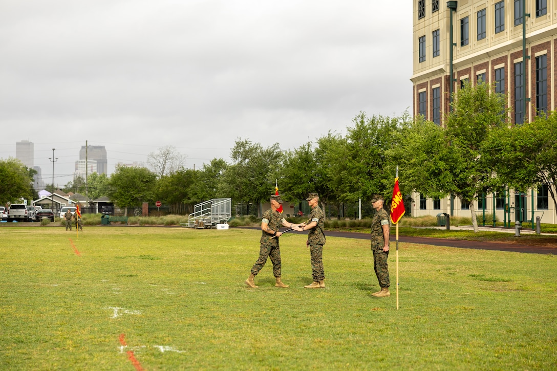 4th Marine Division celebrates the Relief and Appointment of Sgt. Maj. Christopher J. Adams and welcomes Sgt. Maj. Garett G. Kirkby, Marine Corps Support Facility New Orleans, Louisiana, Apr 4, 2025. The Relief and Appointment signifies the passing of authority from the outgoing Sergeant Major to the oncoming Sergeant Major. (U.S. Marine Corps photo by Sgt. Ethan A. Green)