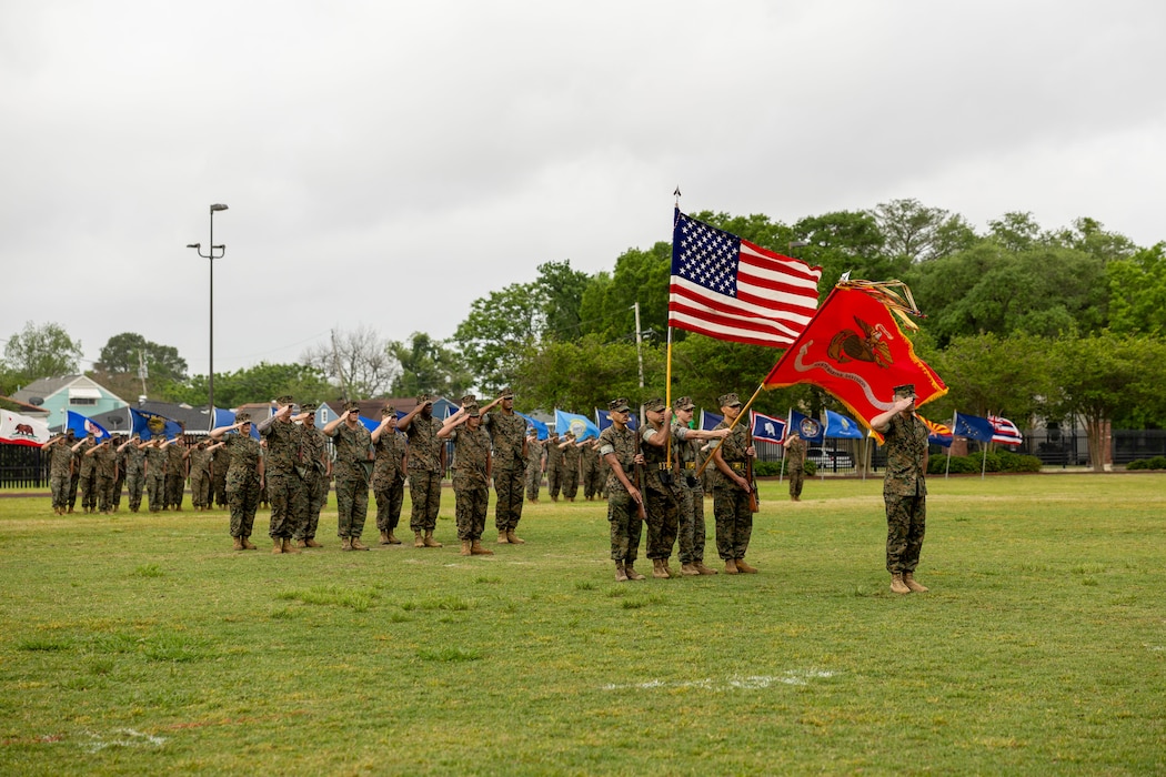 4th Marine Division celebrates the Relief and Appointment of Sgt. Maj. Christopher J. Adams and welcomes Sgt. Maj. Garett G. Kirkby, Marine Corps Support Facility New Orleans, Louisiana, Apr 4, 2025. The Relief and Appointment signifies the passing of authority from the outgoing Sergeant Major to the oncoming Sergeant Major. (U.S. Marine Corps photo by Sgt. Ethan A. Green)