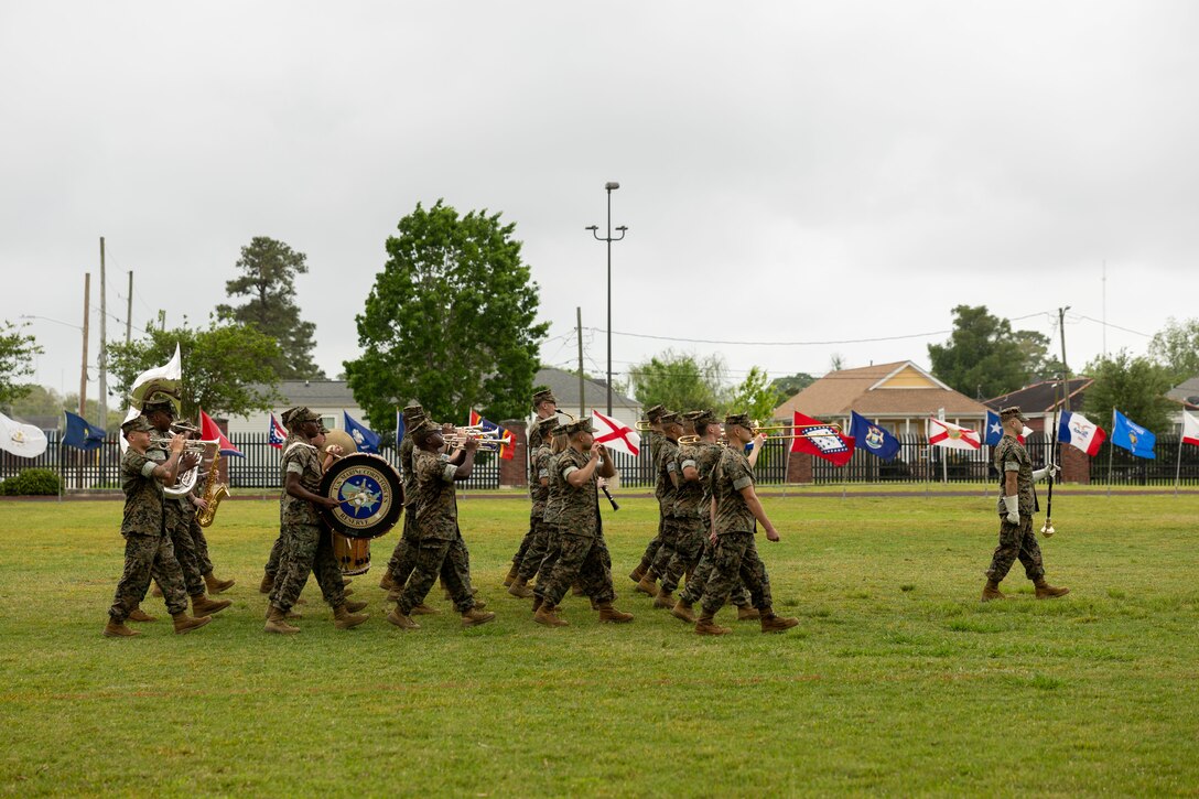 4th Marine Division celebrates the Relief and Appointment of Sgt. Maj. Christopher J. Adams and welcomes Sgt. Maj. Garett G. Kirkby, Marine Corps Support Facility New Orleans, Louisiana, Apr 4, 2025. The Relief and Appointment signifies the passing of authority from the outgoing Sergeant Major to the oncoming Sergeant Major. (U.S. Marine Corps photo by Sgt. Ethan A. Green)