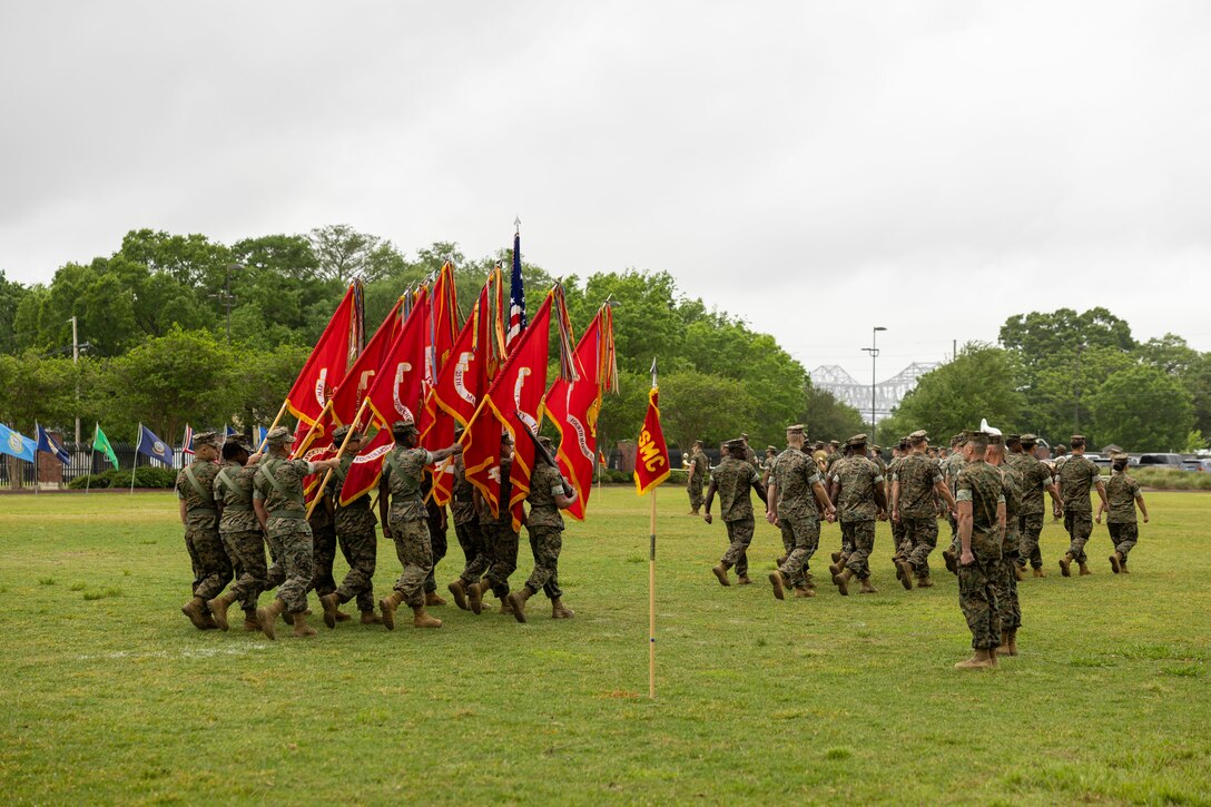 4th Marine Division celebrates the Relief and Appointment of Sgt. Maj. Christopher J. Adams and welcomes Sgt. Maj. Garett G. Kirkby, Marine Corps Support Facility New Orleans, Louisiana, Apr 4, 2025. The Relief and Appointment signifies the passing of authority from the outgoing Sergeant Major to the oncoming Sergeant Major. (U.S. Marine Corps photo by Sgt. Ethan A. Green)