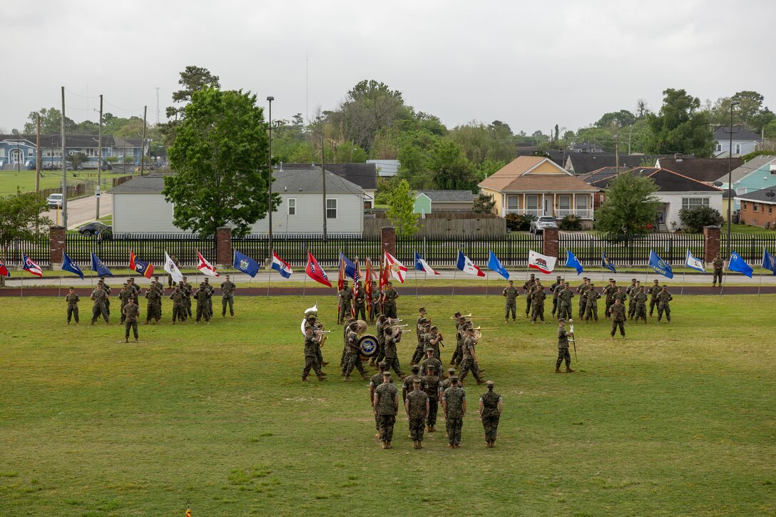 4th Marine Division celebrates the Relief and Appointment of Sgt. Maj. Christopher J. Adams and welcomes Sgt. Maj. Garett G. Kirkby, Marine Corps Support Facility New Orleans, Louisiana, Apr 4, 2025. The Relief and Appointment signifies the passing of authority from the outgoing Sergeant Major to the oncoming Sergeant Major. (U.S. Marine Corps photo by Sgt. Ethan A. Green)