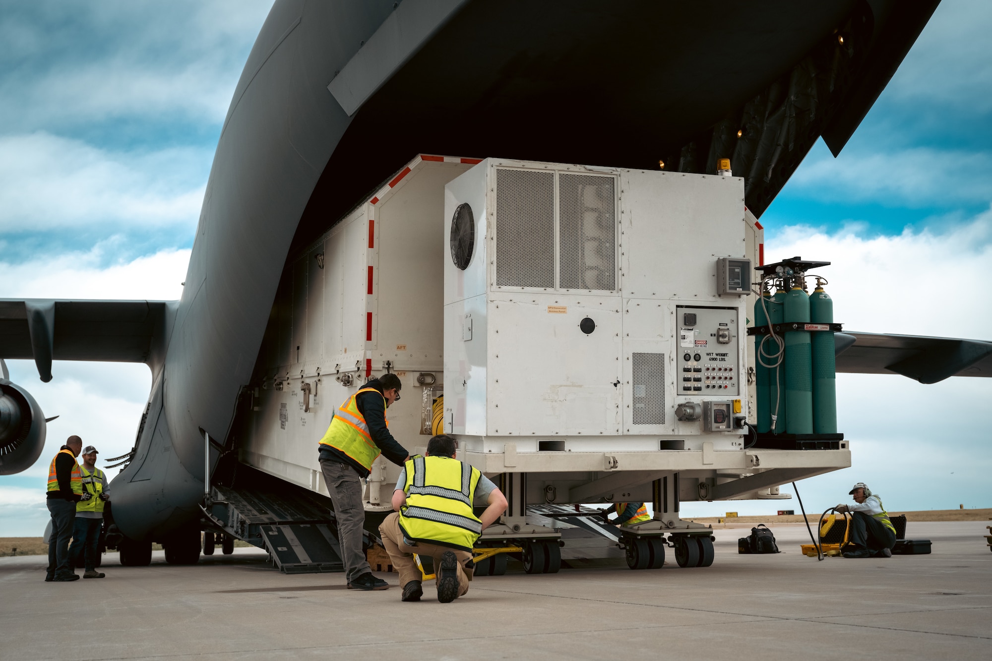 The Lockheed Martin Global Positioning Satellite (GPS) IIIA, Space Vehicle 08 (SV-08), prepares to be loaded to a U.S. Air Force C-17 Globemaster III from Buckley Space Force Base, Colorado, for transportation to Florida, April 1, 2025. The space vehicle was successfully transferred on April 2, 2025, through a coordinated effort between Lockheed Martin, the U.S. Space Force’s Space Operations Command, and USAF’s Air Mobility Command. (U.S. Space Force Photo by Senior Airman Joshua Hollis)