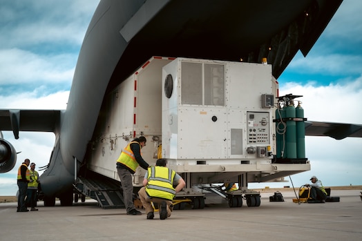  The Lockheed Martin Global Positioning Satellite (GPS) IIIA, Space Vehicle 08 (SV-08), prepares to be loaded to a U.S. Air Force C-17 Globemaster III from Buckley Space Force Base, Colorado, for transportation to Florida, April 1, 2025. The space vehicle was successfully transferred on April 2, 2025, through a coordinated effort between Lockheed Martin, the U.S. Space Force’s Space Operations Command, and USAF’s Air Mobility Command. (U.S. Space Force Photo by Senior Airman Joshua Hollis)