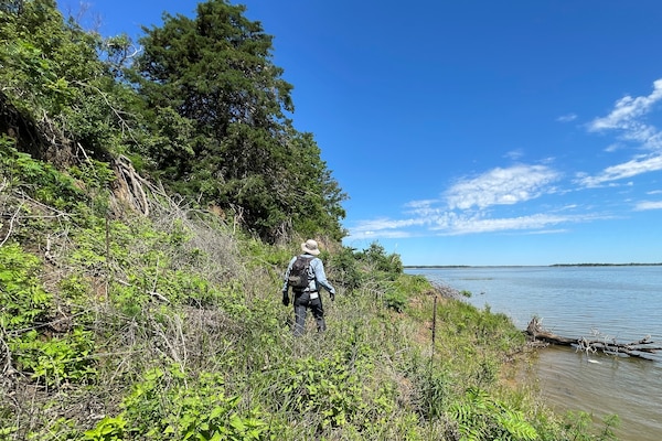 Man wearing backpack and sun hat walking along overgrown lake shoreline