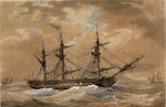 USS President partially down-rigged, riding at anchor by Antoine Roux, 1802. Naval History and Heritage Command, Navy Art Collection, NHC 76-327A.