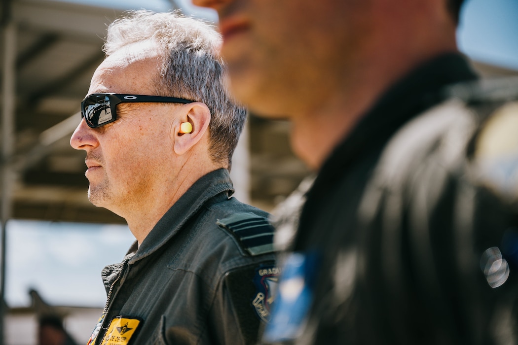 Belgian Air Component Maj. Gen. Geert Decker, Belgium air chief watches a 312th Fighter Squadron air crew perform pre-flight duties on the flightline.