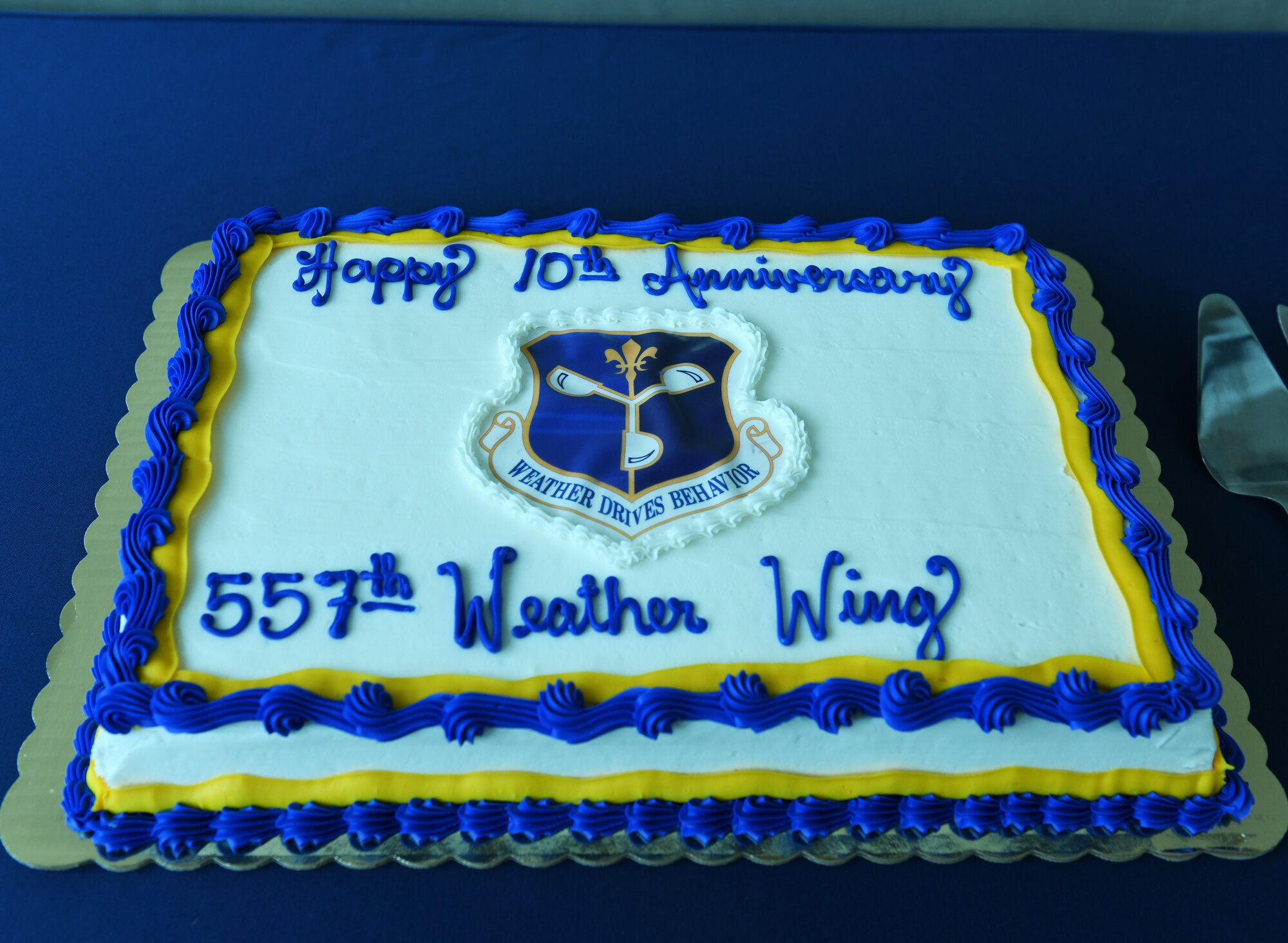 a cake that read happy 10th anniversary 557th Weather Wing