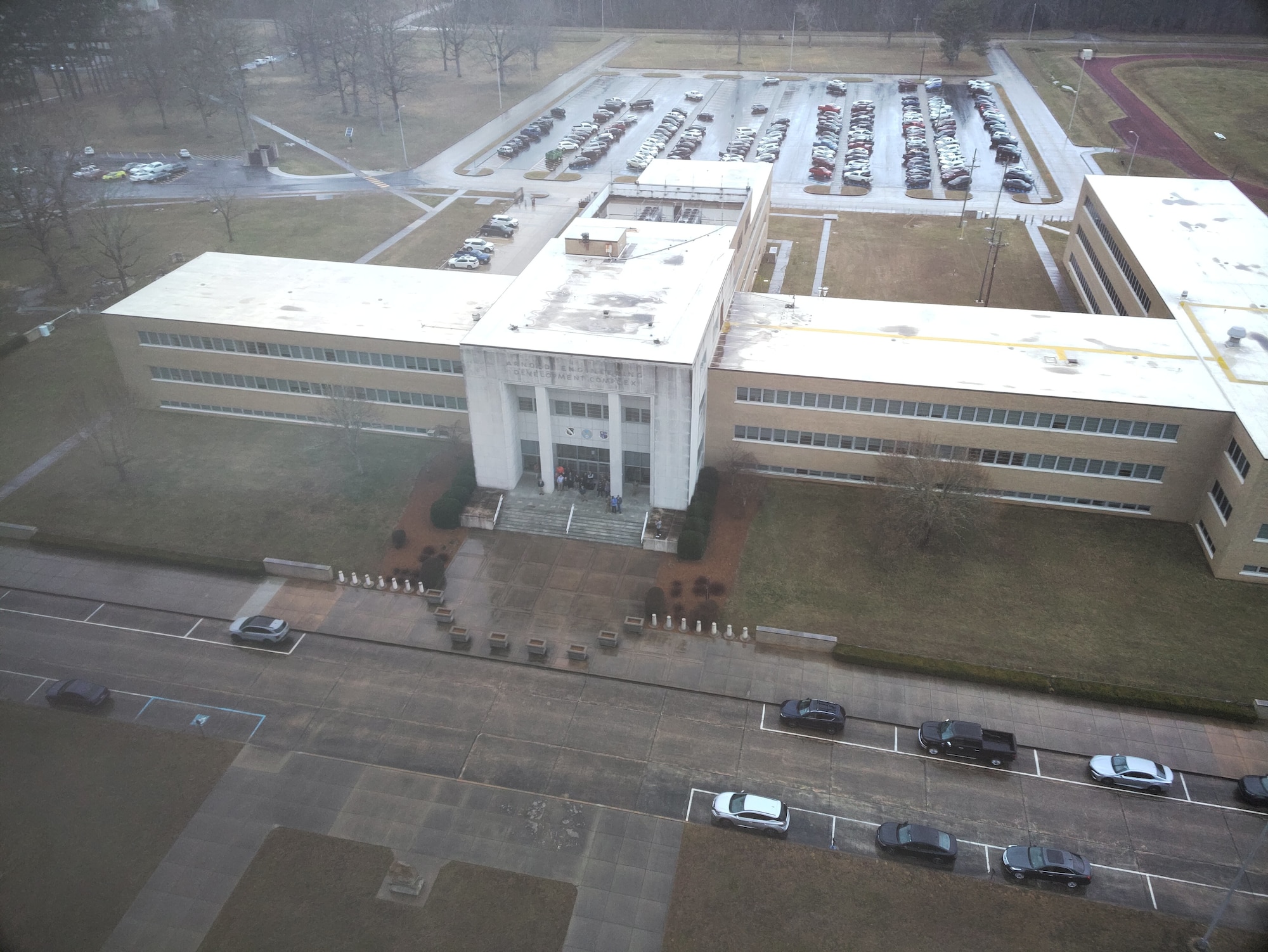 A digital image of the Arnold Engineering Development Complex Administration and Engineering Building at Arnold Air Force Base, Tenn., is provided by a Small Unmanned Aircraft System, also known as an sUAS or a “drone,” during a March 5, 2025, demonstration of the device. The sUAS will soon be used at Arnold to perform asset health assessments. The device is equipped with both digital and infrared imaging capabilities and will be flown around installation buildings, plant facilities and associated equipment to ensure there are no compromises to such assets and to assess the structural integrity of facilities. (U.S. Air Force photo)