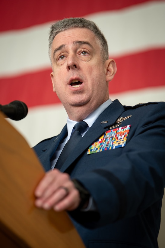 Brig. Gen. Bruce Bancroft, Kentucky’s new assistant adjutant general for Air, speaks during a change-of-command ceremony at the Kentucky Air National Guard Base in Louisville, Ky., March 14, 2025.