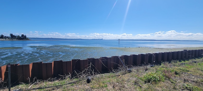 Photo of sheet pile wall facing Puget Sound and Seattle during low tide. The beach in front of the sheet pile wall is a sand cap that protects the Puget Sound from creosote contamination. The sheet pile wall is scheduled to be replaced by September 2026.