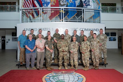Members of the U.S Army War College Joint Warfighting Program visit U.S. Indo-Pacific Command headquarters on Camp H.M. Smith in Honolulu, April 7, 2025.