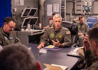 Adm. Steve Koehler, commander, U.S. Pacific Fleet, meets with Carrier Strike Group 11 and warfare commanders aboard the aircraft carrier USS Nimitz (CVN 68) in the Pacific Ocean, April 4, 2025.