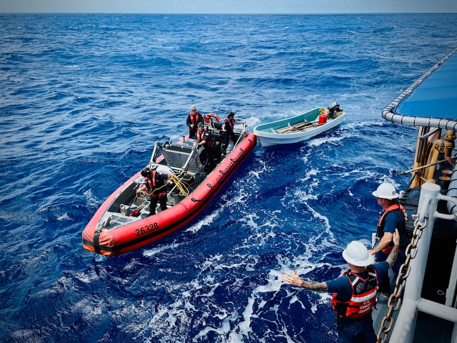 The USCGC Oliver Henry (WPC 1140) crew responded to a SAR case on March 30, 2025, rescuing two distressed mariners from an 18-foot skiff adrift near Namoluk Atoll, Federated States of Micronesia (FSM) on March 30.