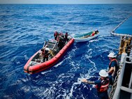 The USCGC Oliver Henry (WPC 1140) crew responded to a SAR case on March 30, 2025, rescuing two distressed mariners from an 18-foot skiff adrift near Namoluk Atoll, Federated States of Micronesia (FSM) on March 30.