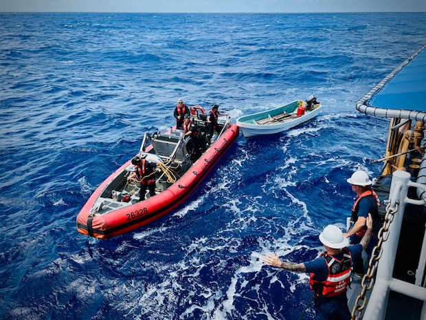 The USCGC Oliver Henry (WPC 1140) crew responded to a SAR case on March 30, 2025, rescuing two distressed mariners from an 18-foot skiff adrift near Namoluk Atoll, Federated States of Micronesia (FSM) on March 30.