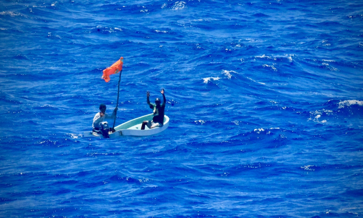 The USCGC Oliver Henry (WPC 1140) crew respond to a SAR case on March 30, 2025, rescuing two distressed mariners from an 18-foot skiff adrift near Namoluk Atoll, Federated States of Micronesia (FSM) on March 30.