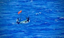 The USCGC Oliver Henry (WPC 1140) crew respond to a SAR case on March 30, 2025, rescuing two distressed mariners from an 18-foot skiff adrift near Namoluk Atoll, Federated States of Micronesia (FSM) on March 30.