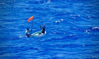 The USCGC Oliver Henry (WPC 1140) crew respond to a SAR case on March 30, 2025, rescuing two distressed mariners from an 18-foot skiff adrift near Namoluk Atoll, Federated States of Micronesia (FSM) on March 30.