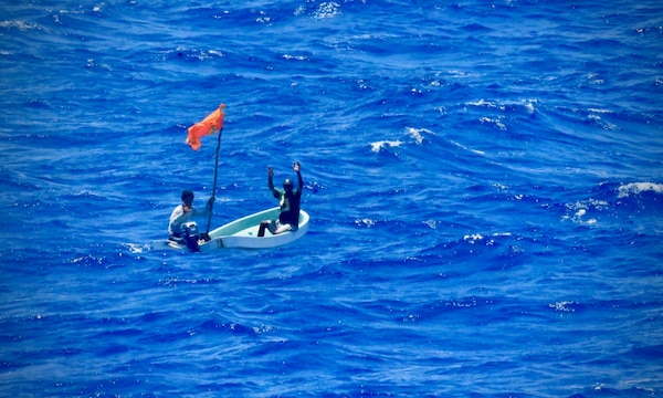 The USCGC Oliver Henry (WPC 1140) crew respond to a SAR case on March 30, 2025, rescuing two distressed mariners from an 18-foot skiff adrift near Namoluk Atoll, Federated States of Micronesia (FSM) on March 30.