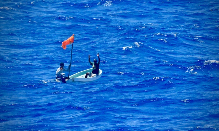 The USCGC Oliver Henry (WPC 1140) crew respond to a SAR case on March 30, 2025, rescuing two distressed mariners from an 18-foot skiff adrift near Namoluk Atoll, Federated States of Micronesia (FSM) on March 30.
