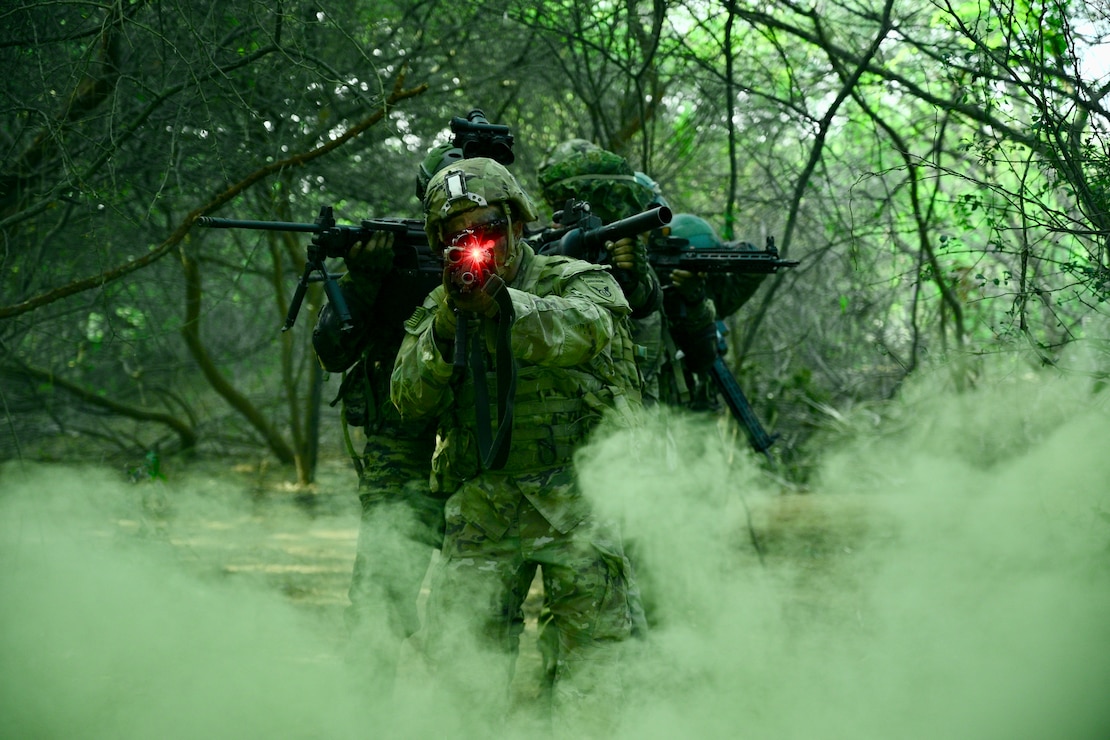 U.S. Army Soldiers assigned to Bayonet Company, 1st Battalion, 5th Infantry Regiment, 1st Infantry Brigade Combat Team, 11th Airborne Division, and Indian Army Soldiers, under the command of Col. Yash Agrawal and assigned to the 4/8 Gurkha Rifles Infantry Battalion, 91st Infantry Brigade, conduct field evacuation training during Exercise Tiger Triumph near Visakhapatnam, India, April 4, 2025.