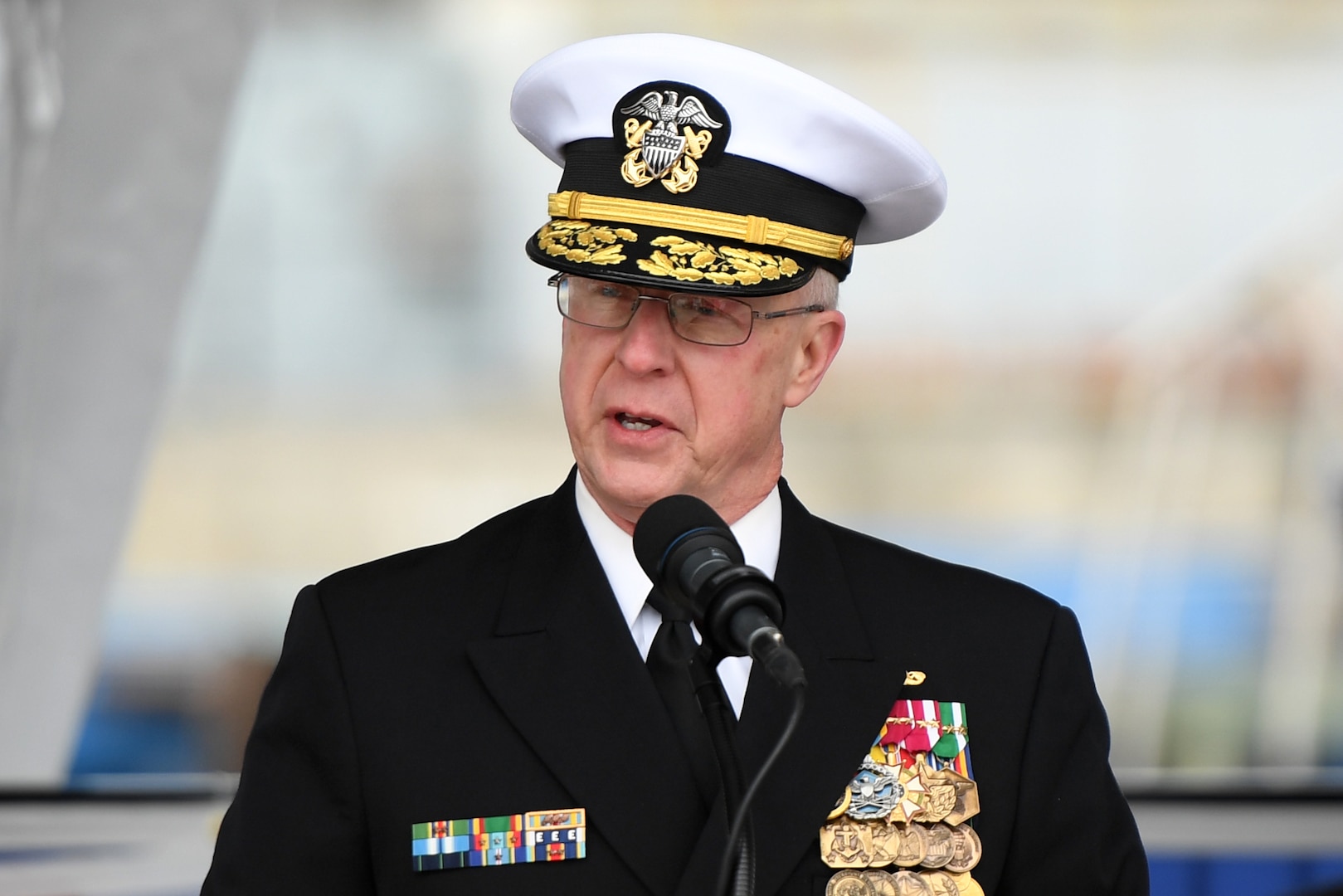 (April 5, 2025) – Adm. Daryl Caudle, commander of the U.S. Navy’s Fleet Forces Command, delivers remarks during a commissioning ceremony for the fast-attack submarine USS Iowa (SSN 797) in Groton, Connecticut, April 5, 2025.