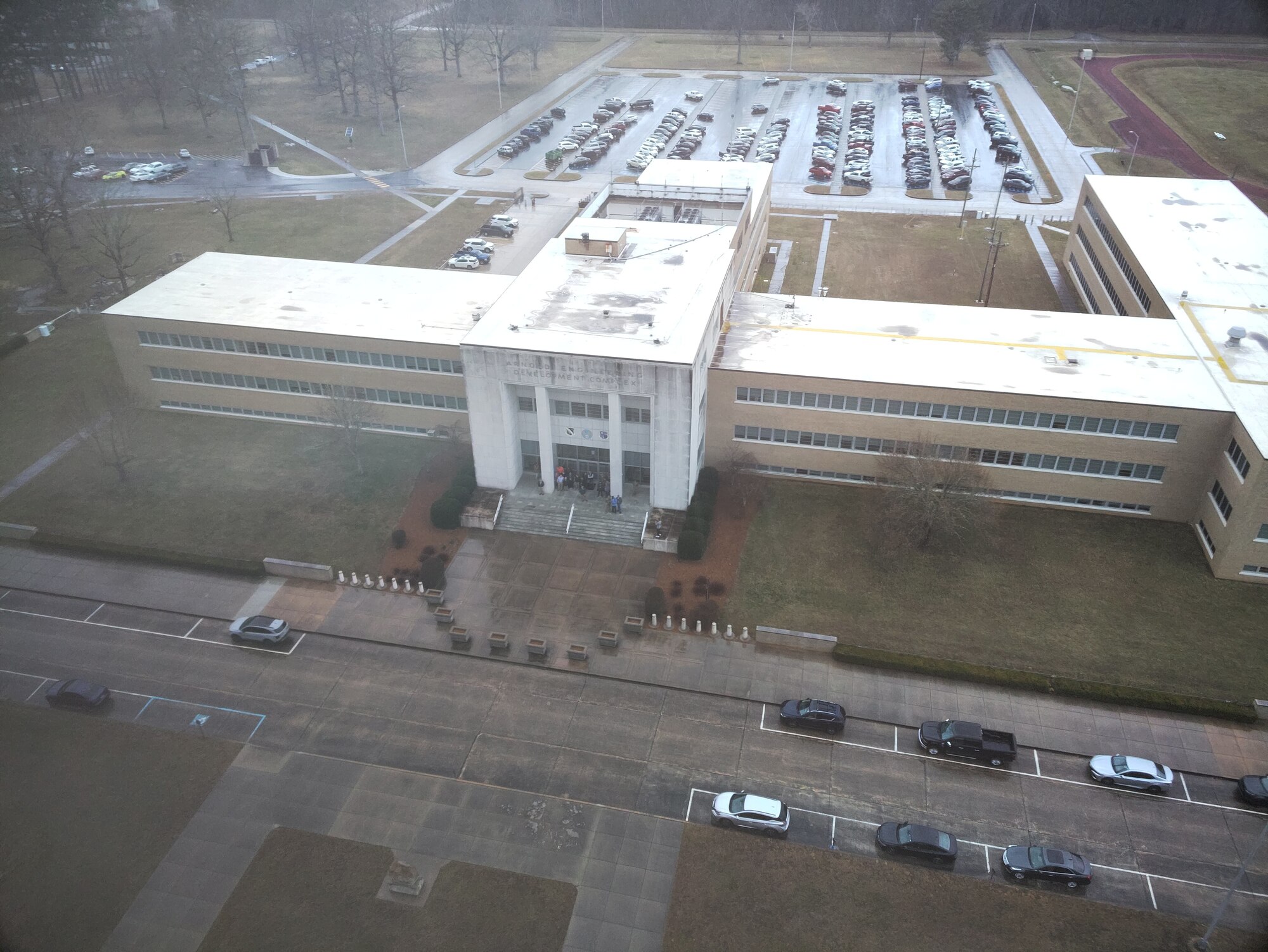 A digital image of the Arnold Engineering Development Complex Administration and Engineering Building at Arnold Air Force Base, Tenn., is provided by a Small Unmanned Aircraft System, also known as an sUAS or a “drone,” during a March 5, 2025, demonstration of the device. The sUAS will soon be used at Arnold to perform asset health assessments. The device is equipped with both digital and infrared imaging capabilities and will be flown around installation buildings, plant facilities and associated equipment to ensure there are no compromises to such assets and to assess the structural integrity of facilities. (U.S. Air Force photo)