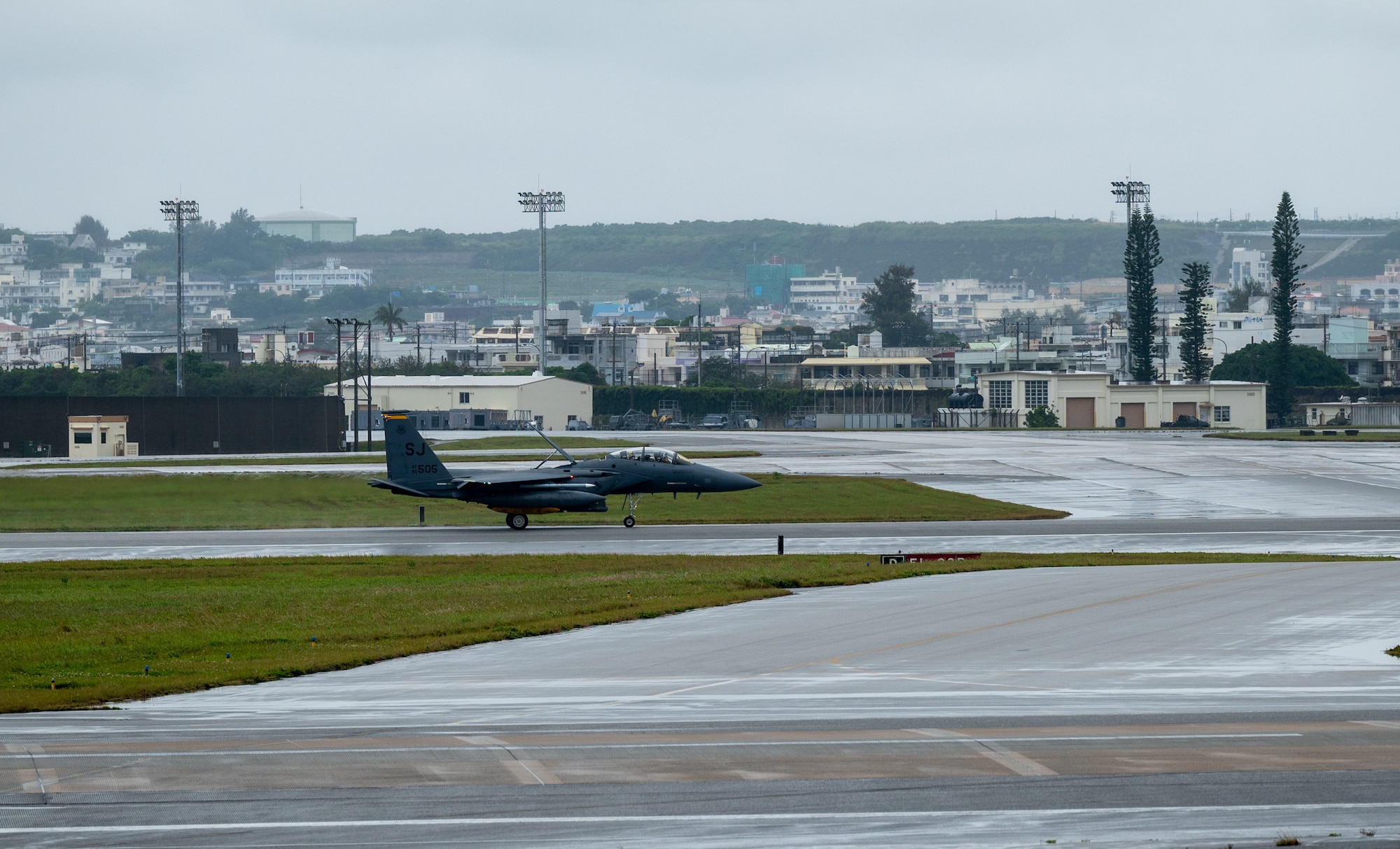A U.S. Air Force F-15E Strike Eagle assigned to the 336th Expeditionary Fighter Squadron taxis after arriving at Kadena Air Base, Japan, April 6, 2025.