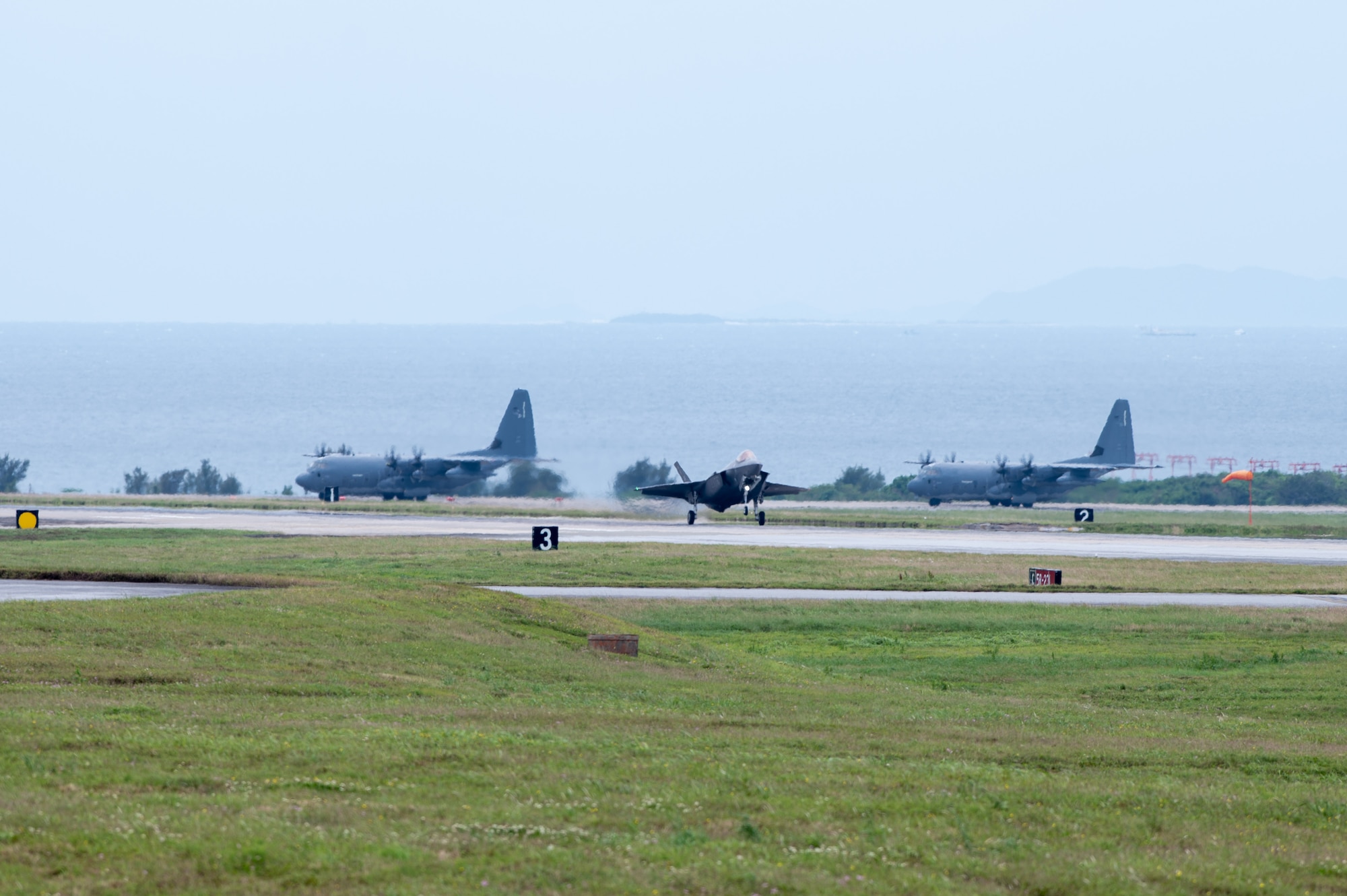 A U.S. Air Force F-35A Lightning II assigned to the 355th Expeditionary Fighter Squadron lands at Kadena Air Base, Japan, April 3, 2025.