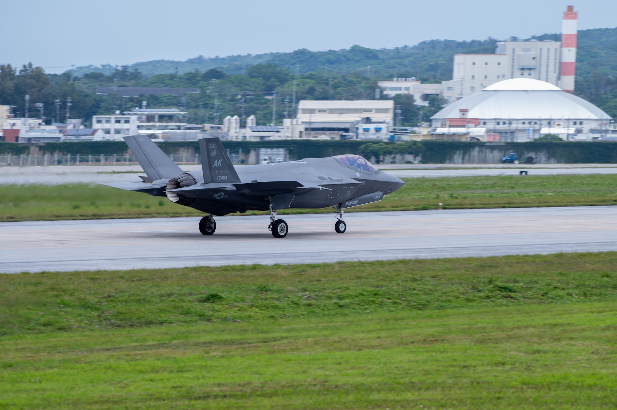A U.S. Air Force F-35A Lightning II assigned to the 355th Expeditionary Fighter Squadron lands at Kadena Air Base, Japan, April 3, 2025.