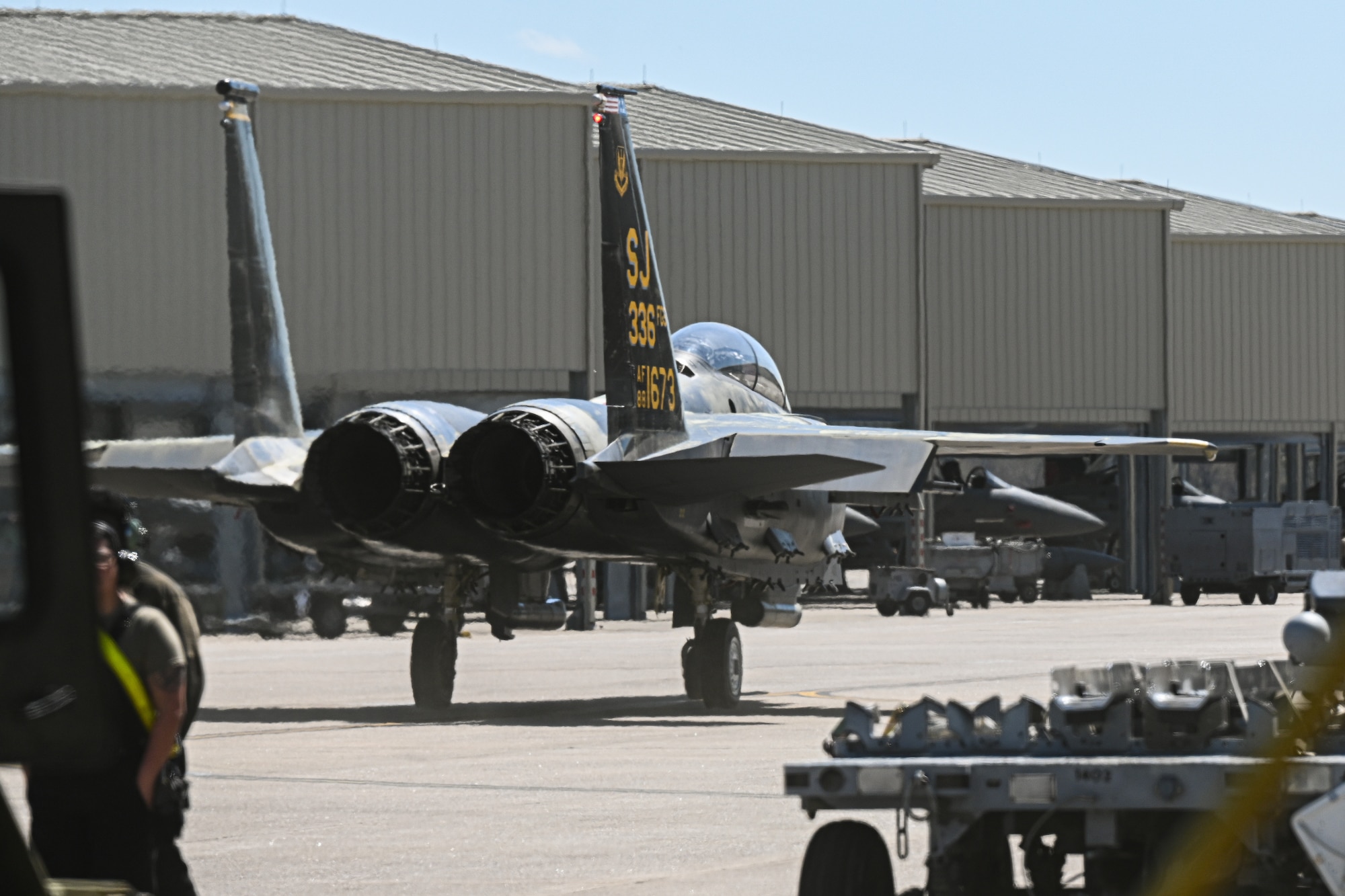 A U.S. Air Force F-15E Strike Eagle assigned to the 336th Fighter Squadron, taxis on the flightline, at Seymour Johnson Air Force Base, North Carolina, March 26, 2025. The Strike Eagle is best known for its high-speed, deep-strike capabilities. (U.S. Air Force photo by Airman Holly Leonard)