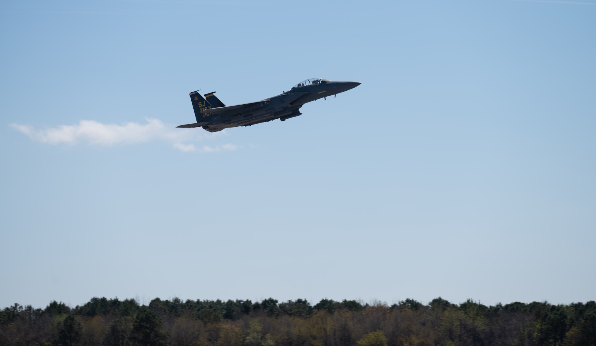 A U.S. Air Force F-15E Strike Eagle assigned to the 336th Fighter Squadron takes off from the runway, at Seymour Johnson Air Force Base, North Carolina, March 26, 2025. Conducting pre-flight checks is vital to the safety of the aircrew before the flight. (U.S. Air Force photo by Airman 1st Class Rebecca Tierney)