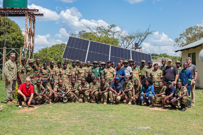 The team at the Zambia Army School of Military Engineering in front of the completed Solar Tracker during the Operational Energy training.