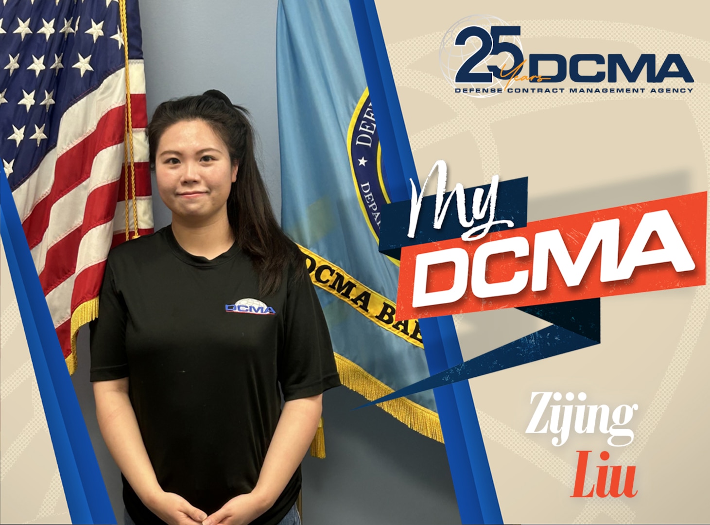 Smiling female wears a black DCMA shirt
