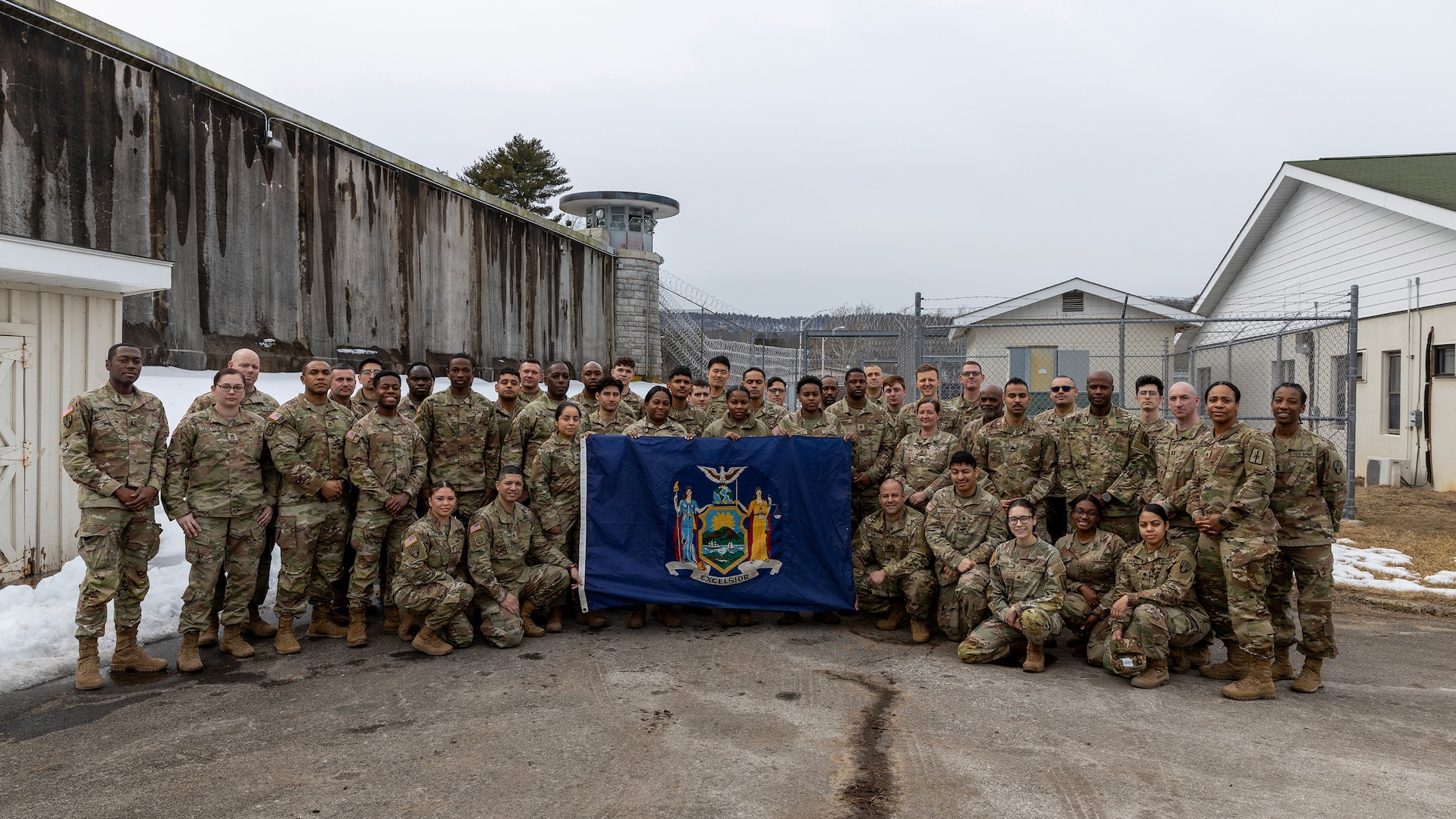New Army York National Guard service members assigned to the 53rd Troop Command, 101st Expeditionary Signal Battalion, and 642 Aviation Support Battalion, pose for a group photo at Eastern Correctional Facility in Napanoch, N.Y., Feb 25, 2025.