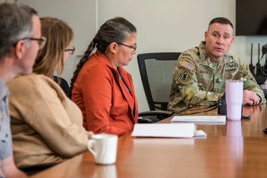 U.S. Army Corps of Engineers Command Sgt. Maj. Douglas Galick visited the Albuquerque District in early April 2025 to meet with staff and get an on-the-ground look at the district’s missions and functions. While visiting, he spoke with personnel at the district headquarters, Cochiti Lake Office, and White Sands Missile Range.