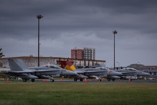 U.S. Marine Corps F/A-18C and F/A18D Hornet aircraft with Marine Fighter Attack Squadron (VMFA) 312, 2nd Marine Aircraft Wing, arrive at the Panamá Pacífico Airfield, Panama, April 5, 2025. VMFA-312 continues day to day operations during a short-term visit in support of an expanded strategic security partnership with Panama. (U.S. Marine Corps photo by Lance Cpl. Van Hoang)