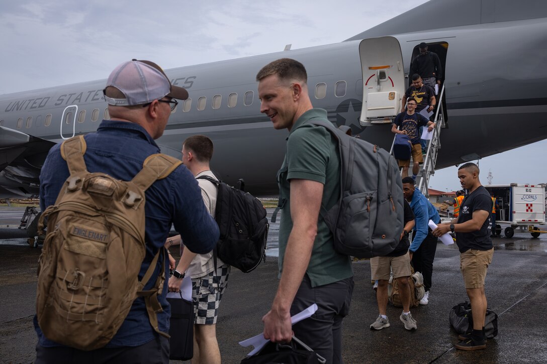 The Marine Forces Reserve Band, arrives to Panama to support expanded security and community relationship efforts, April 5, 2025. The Marine Forces Reserve Band will be performing throughout the week. (U.S. Marine Corps photo by Lance Cpl. Van Hoang)