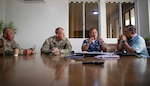 From left, Command Sgt. Maj. Celso Leonen, Guam National Guard’s command senior enlisted leader; Senior Enlisted Advisor John Raines, SEA to the chief, National Guard Bureau; Edward Camacho, special assistant to the Commonwealth of the Northern Mariana Islands governor for military affairs; and Harry Blanco, the CNMI, field representative under the Office of Insular Affairs, conduct a leader engagement at Saipan’s Department of Military Affairs, April 3, 2025. Raines and Leonen visited Saipan to gain a firsthand look at how Guard members serve their nation and collaborate with joint partners to meet mission requirements.
