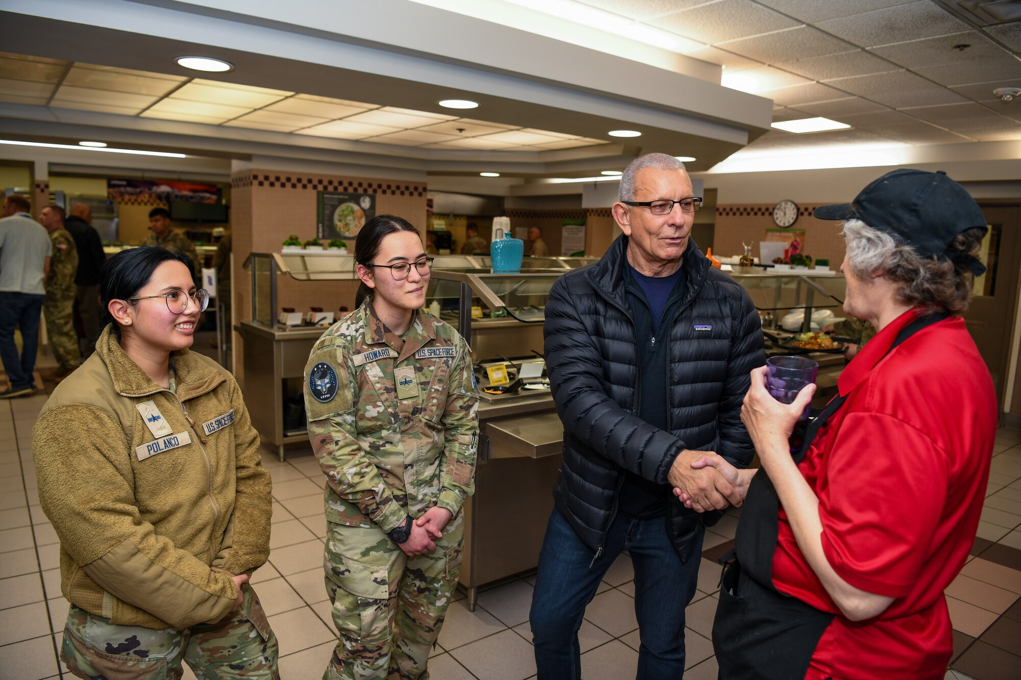 Celebrity chef Robert Irvine meets with Guardians and 50th Force Support Squadron dining facility staff during a visit of The Dish at Schriever Space Force Base, Colorado, April 3, 2025. (U.S. Space Force Photo by Dalton Prejeant)