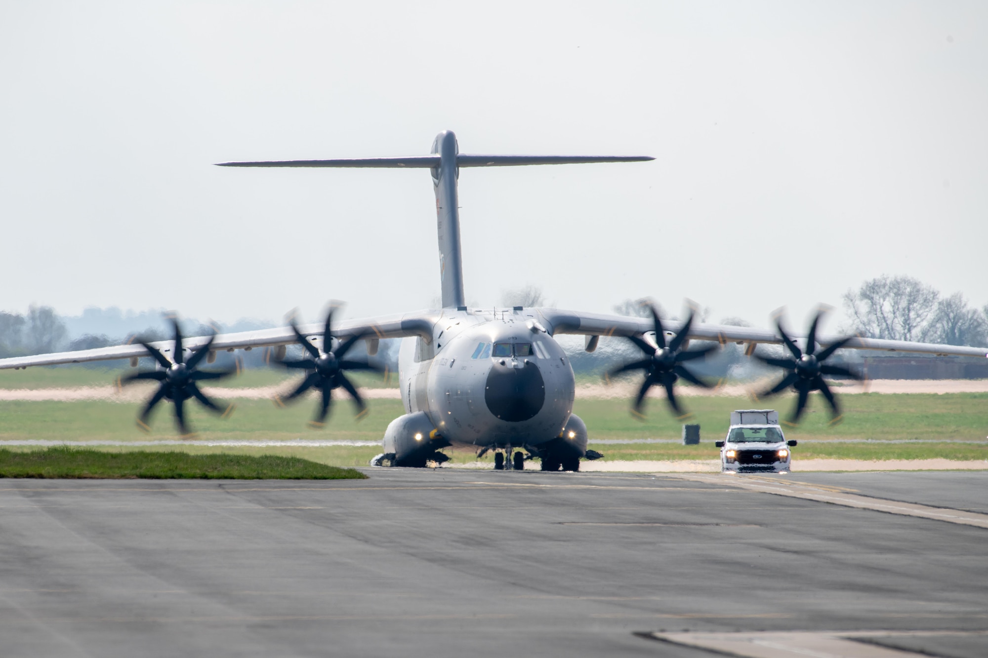 A Turkish Air Force (THK) Airbus A400M Atlas military transport aircraft taxis on the flightline