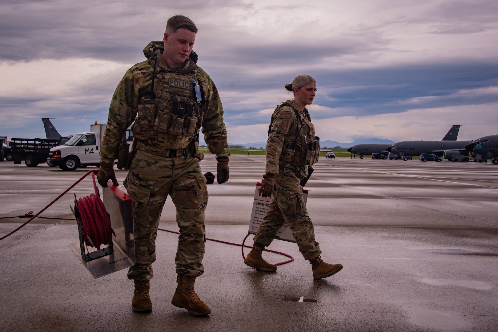 U.S. Air National Guard Airmen assigned to the 134th Security Forces Squadron set up an entry control point during a Nuclear Operational Readiness Exercise at McGhee Tyson Air National Guard Base, Tennessee, April 6, 2025.