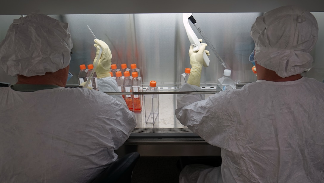 The Pilot Bioproduction Facility (PBF) is a cGMP-compliant pharmaceutical manufacturing facility located in Silver Spring, MD, at the Walter Reed Army Institute of Research. The PBF completed extensive renovations in 2020. (U.S. Army photo by Mike Walter)